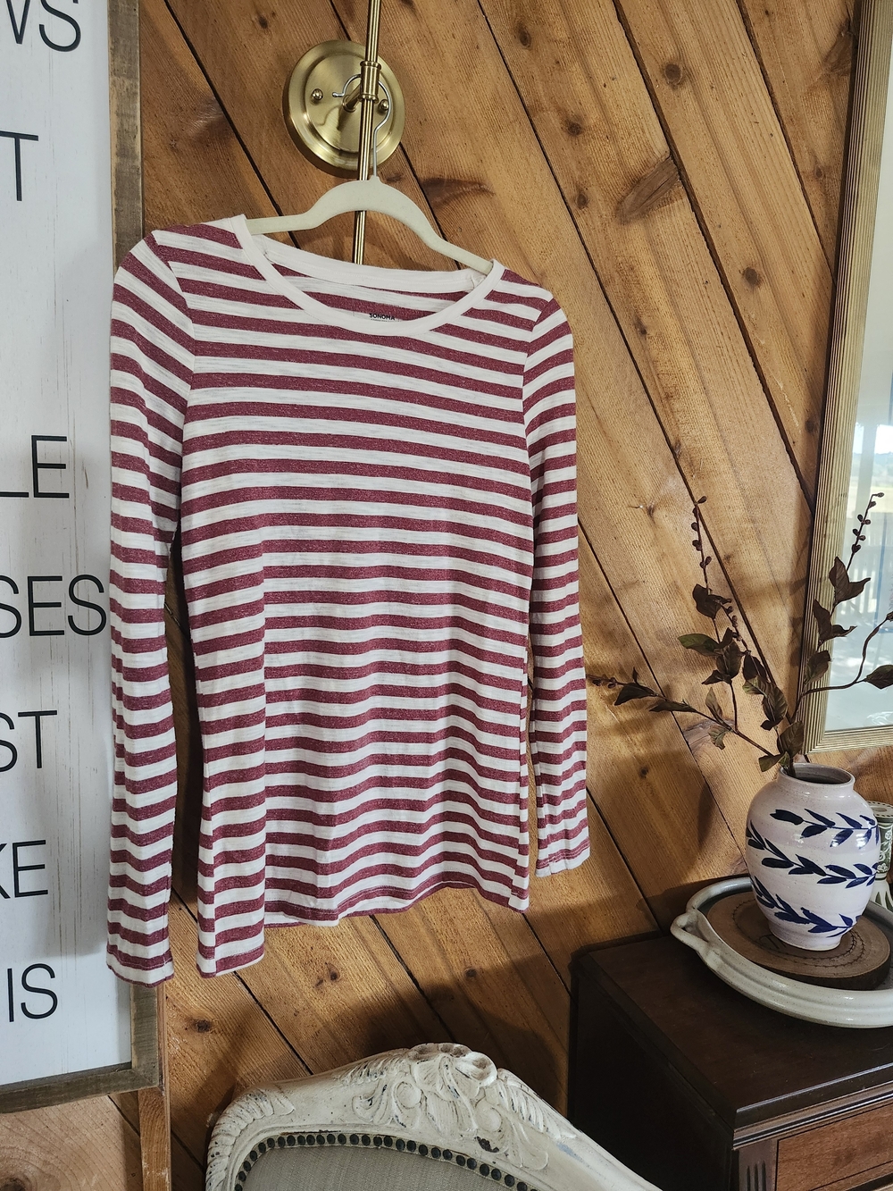 Sonoma Red Ivory Striped Long Sleeve Tee Holiday Christmas S Soft Cozy Fall - Picture 2 of 4